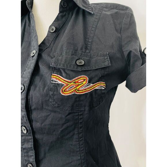 Akademiks Juniors Shirt Black Embroidered Short Sleeve Button-Down Size Medium - Picture 5 of 10